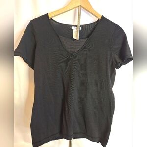East 5th Black Textured Short Sleeve Top with Pleated V-Neck Detail | Size Med
